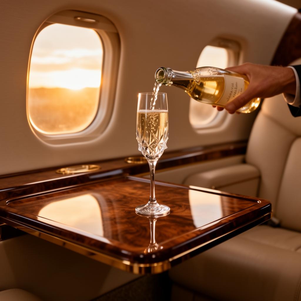 Champagne being poured at golden hour aboard a private jet